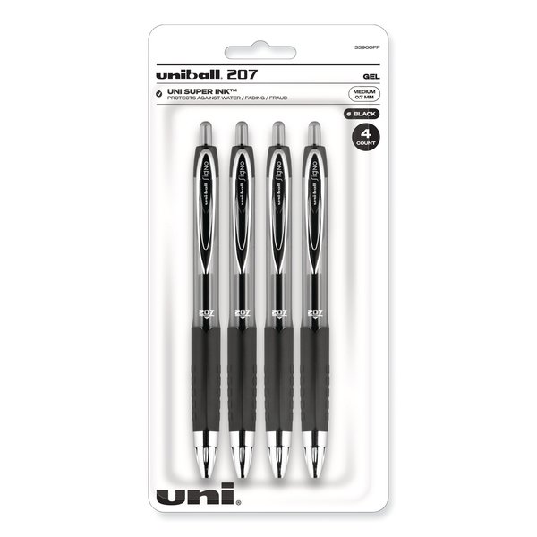 Uni-Ball Signo 207 Retract Gel Pen, 0.7mm, Blk Ink, Translucent Blk Barrel, PK4 33960PP